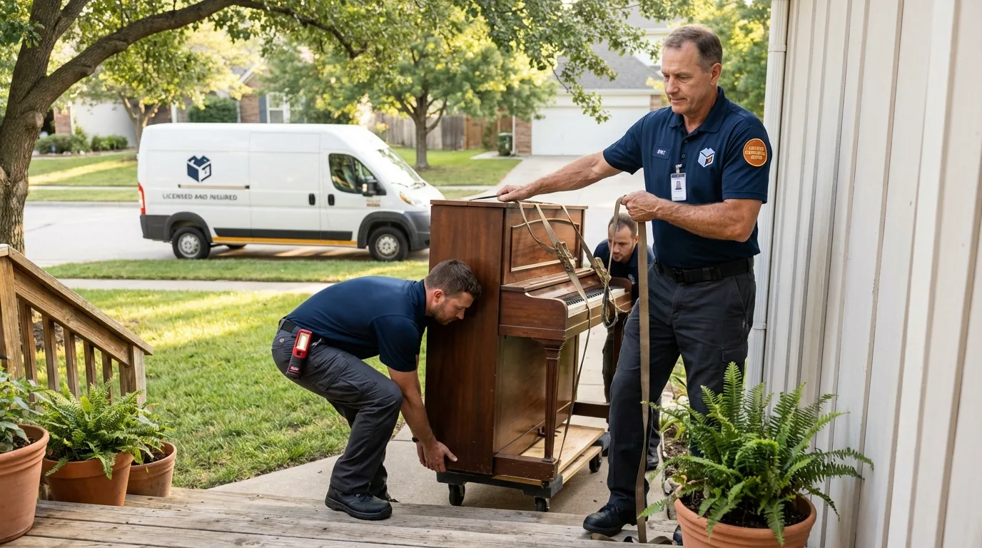 Licensed piano movers securing grand piano in Marshfield, MA