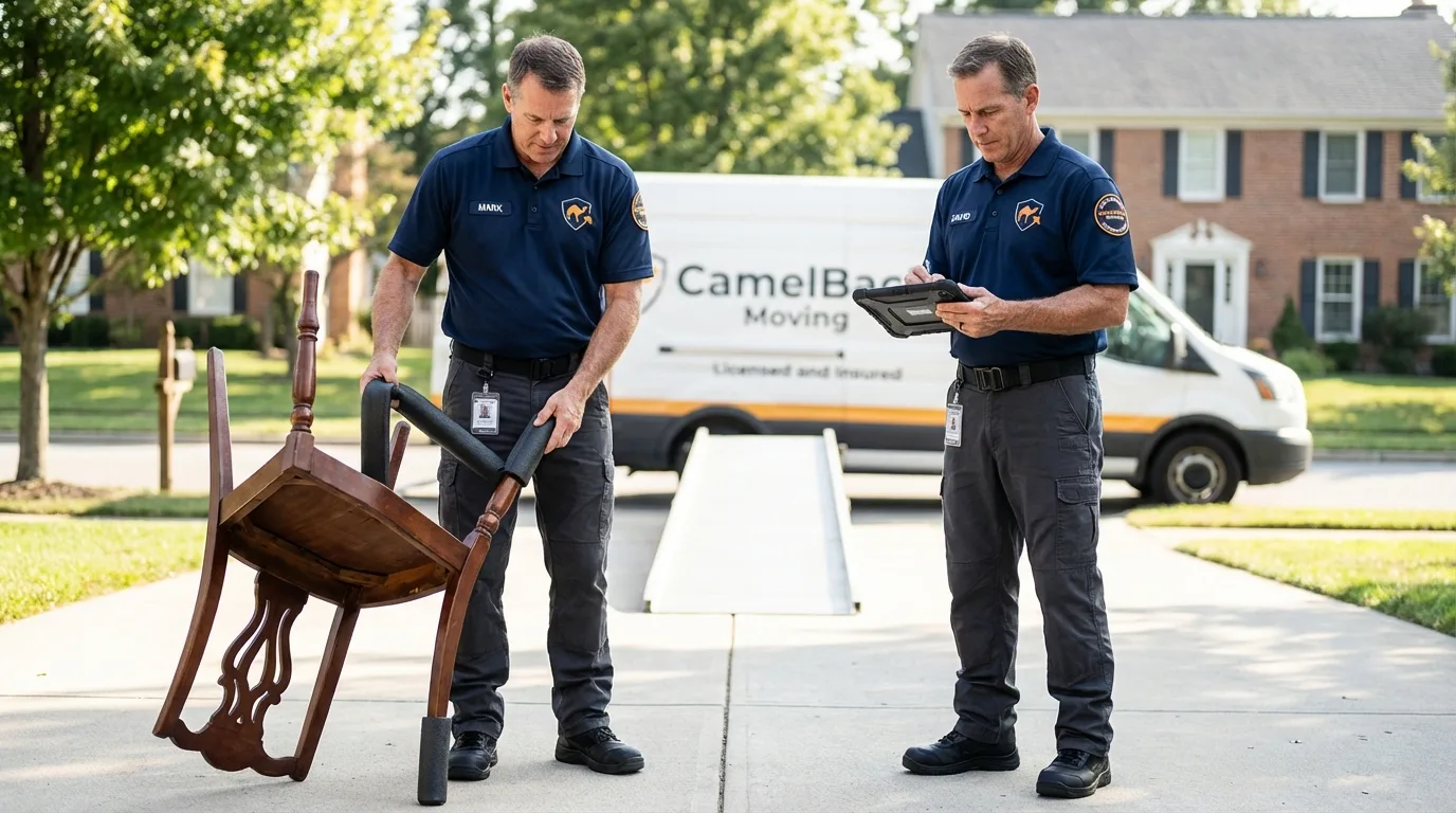 Movers inspecting furniture for damage prevention before loading in Marshfield, MA