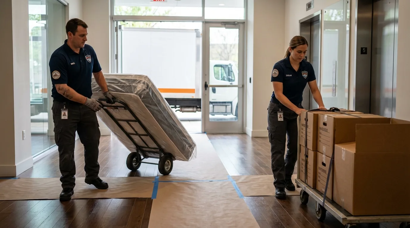 Professional apartment movers loading elevator in Marshfield, MA