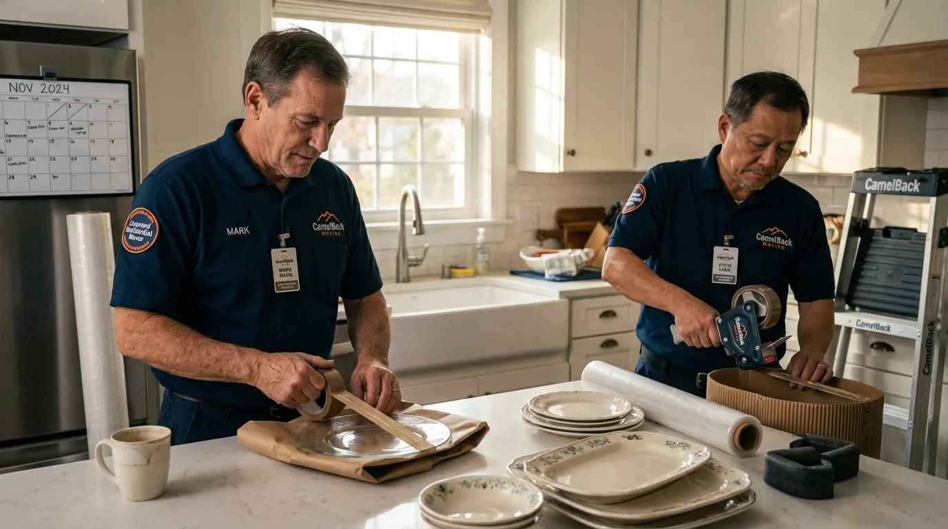 Professional crew packing kitchen dishware in Marshfield, MA